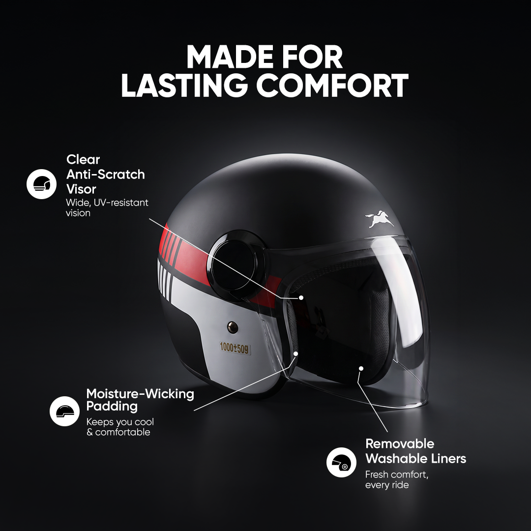 TVS Silk Route Helmet for Men & Women | Vintage Open Face Helmet with Clear Visor | ISI & DOT Certified | ABS Shell | EPS Liner | Retro Stylish Helmet for City & Highway Riding
